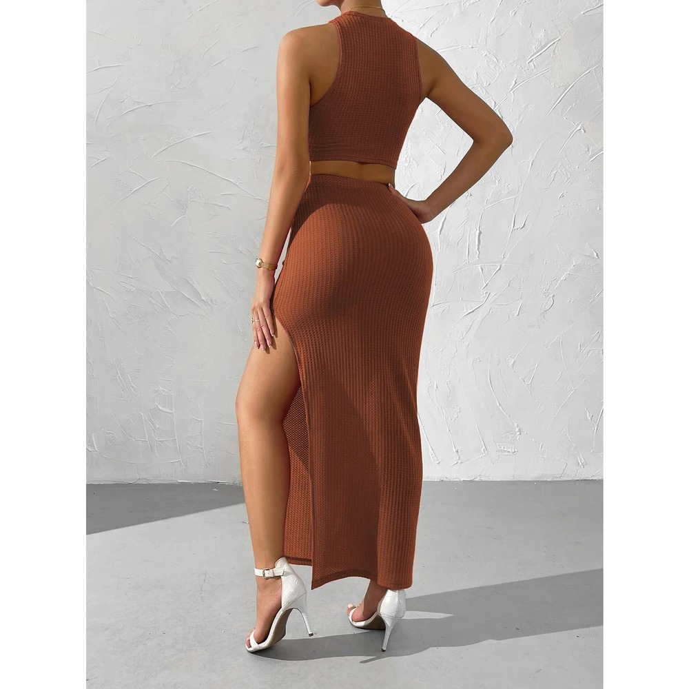 2 piece skirt set: Waffle Knit Crop Top & Split Thigh maxi Skirt gray - Picture 5 of 11